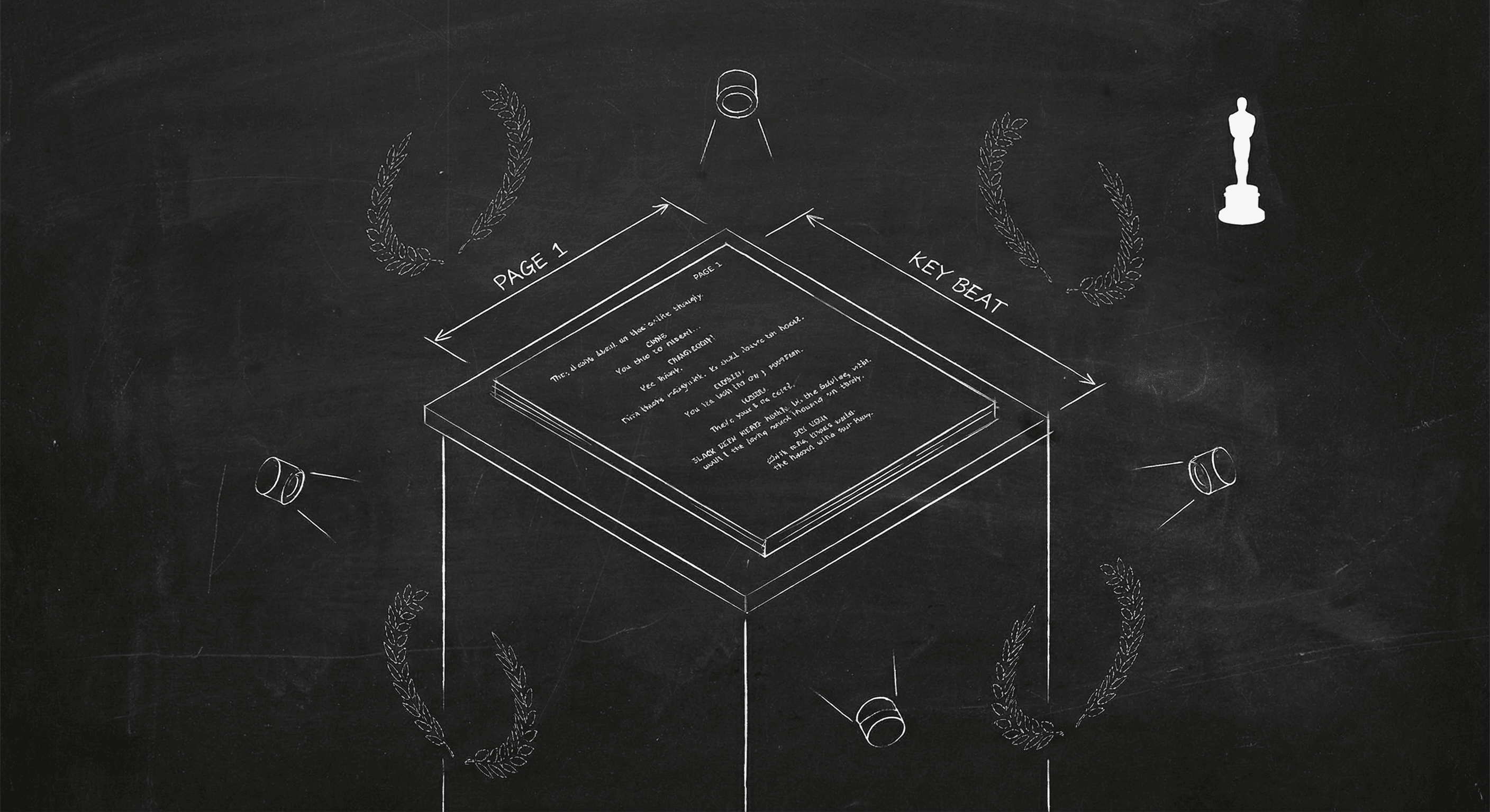Nicholl script on pedestal with Academy recognition; dark mode technical sketch