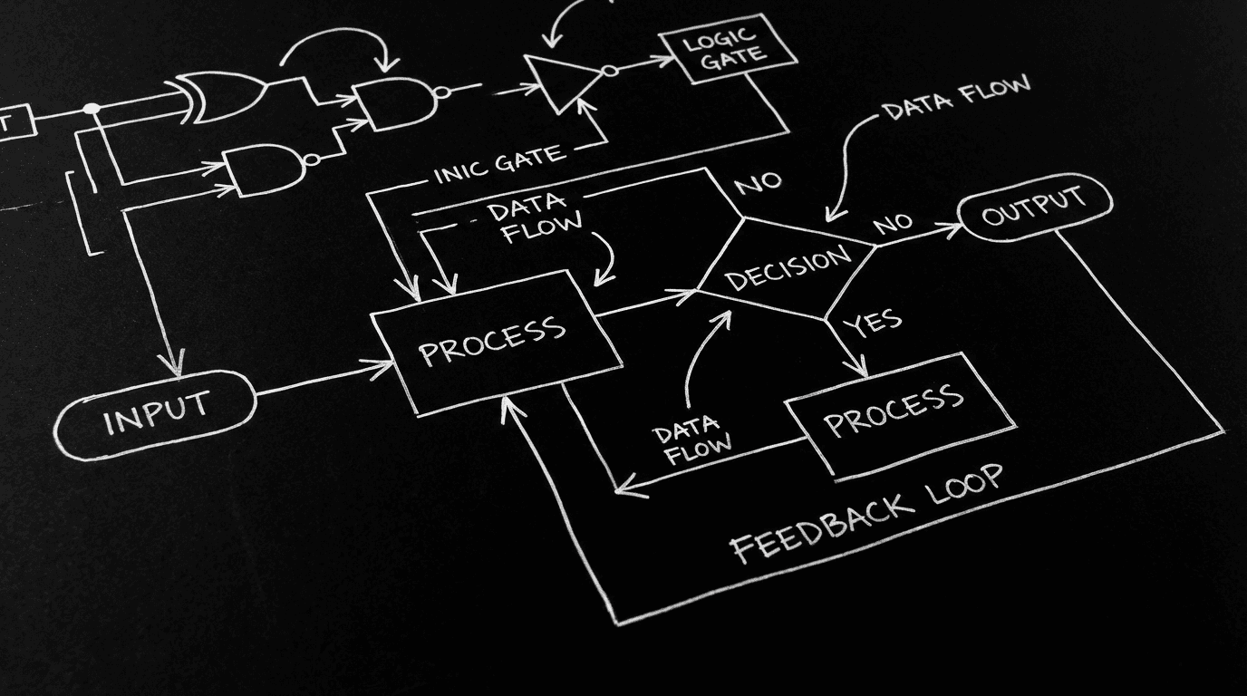 Logic and connection; dark mode technical sketch