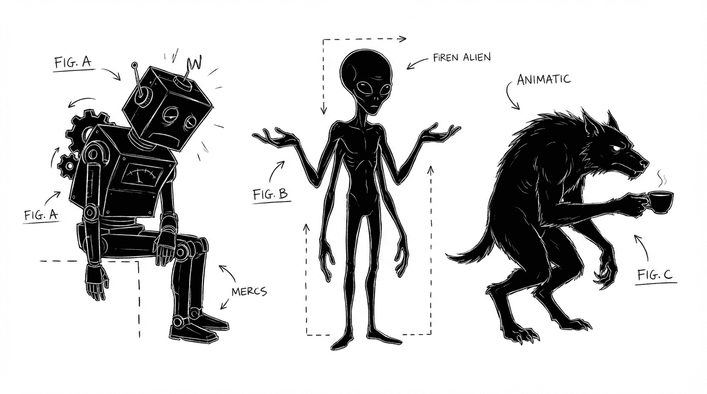 Non-human characters: AI, alien, creature; dark mode technical sketch