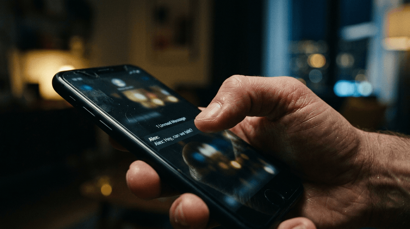 Thumb over phone screen; cinematic film still