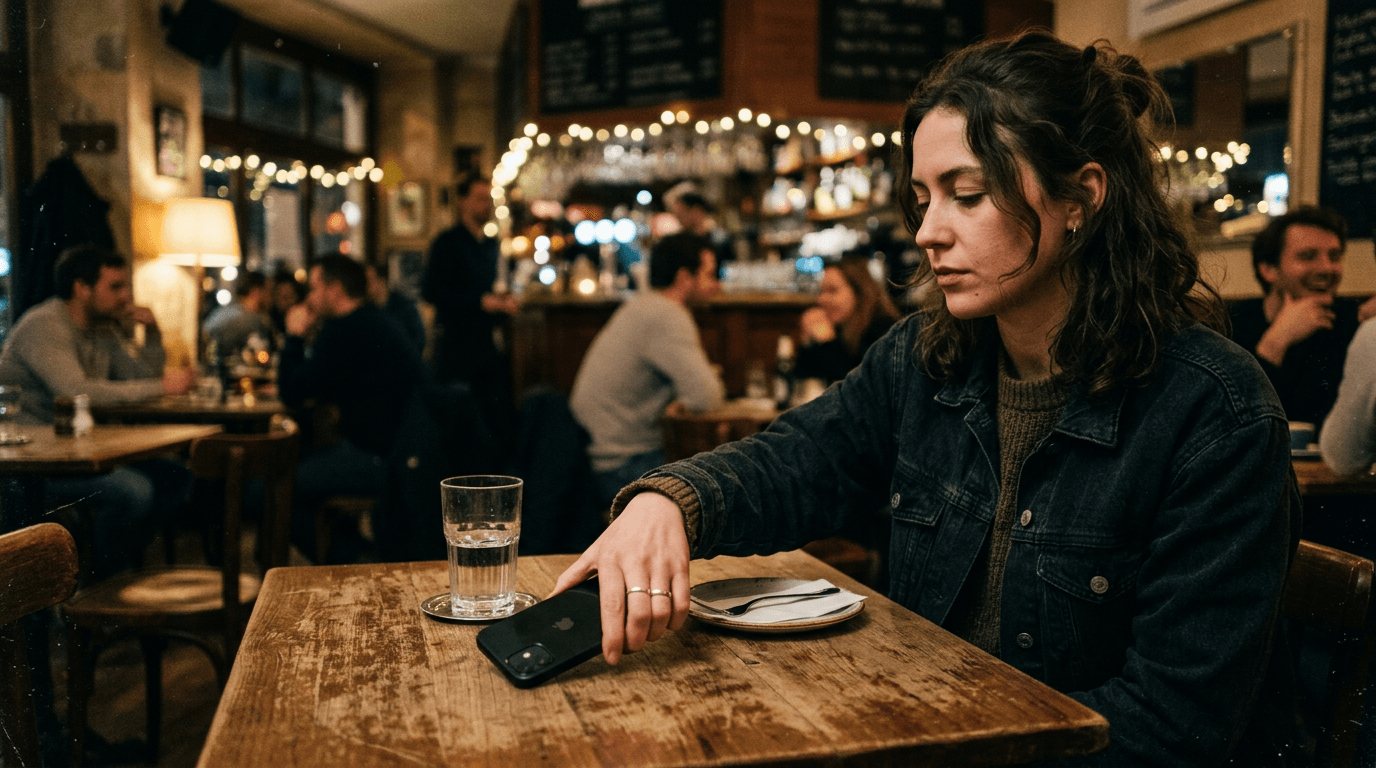 Phone face-down on cafe table; cinematic film still