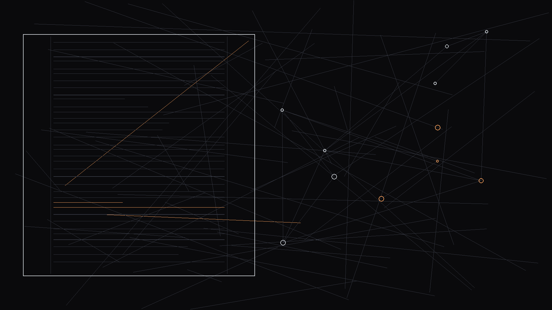 A script excerpt showing continuous action across multiple spaces; dark mode technical sketch, thin white lines on black background