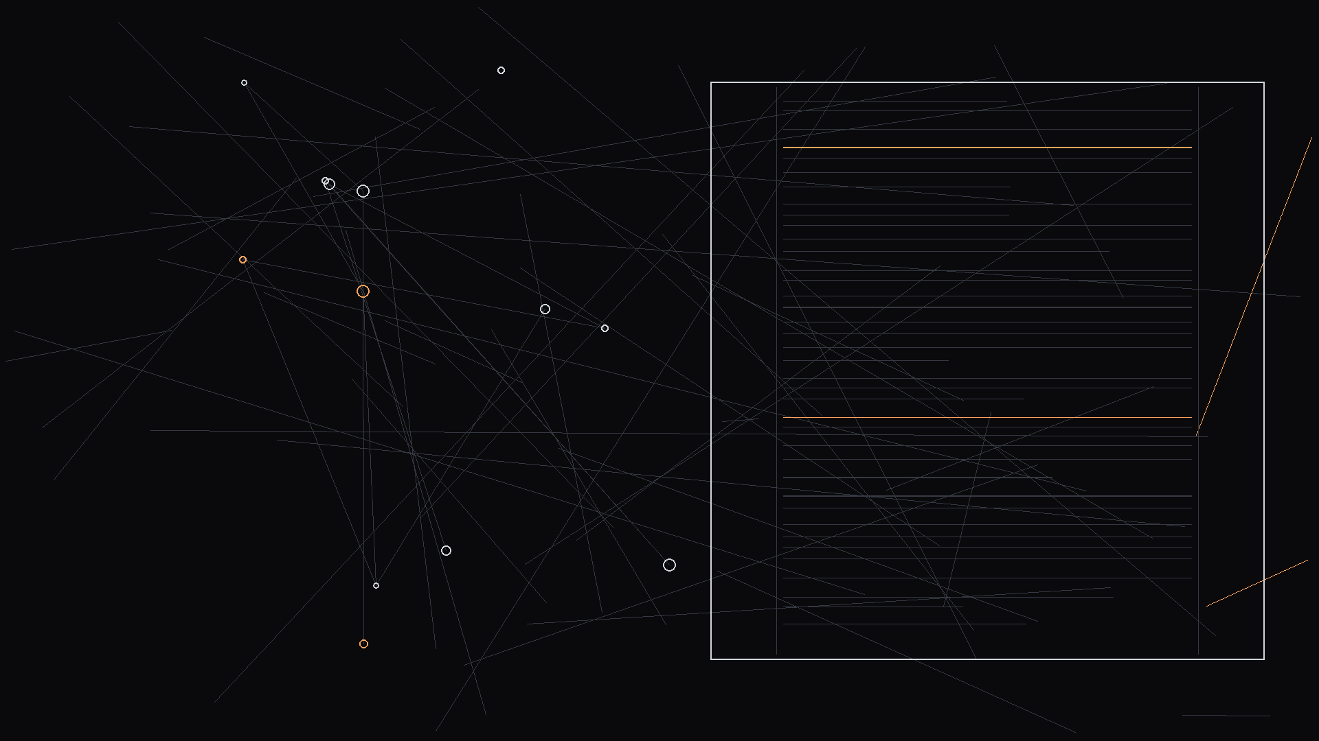 A visual diagram showing character movement path through spaces; dark mode technical sketch, thin white lines on black background