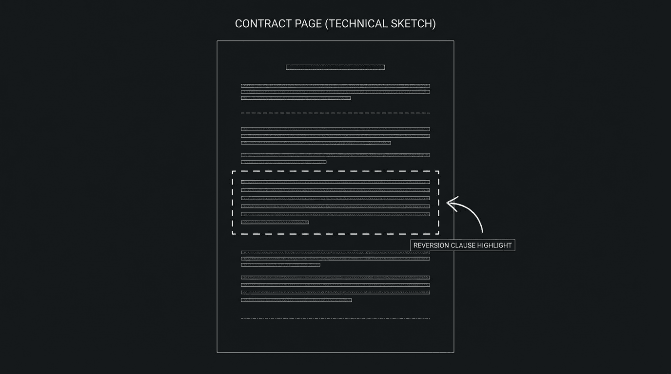 Contract page with reversion clause highlighted; dark mode technical sketch