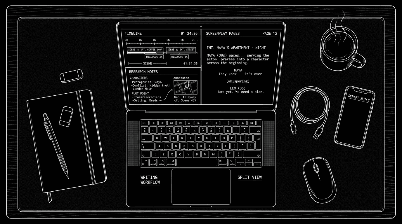 Dark mode technical sketch: split interface with timeline, research notes, and screenplay; thin white lines on black