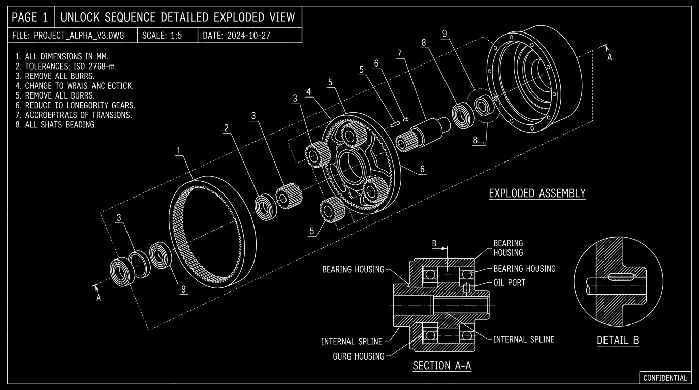 Dark mode technical sketch: "Page 1" locked; same file, same settings