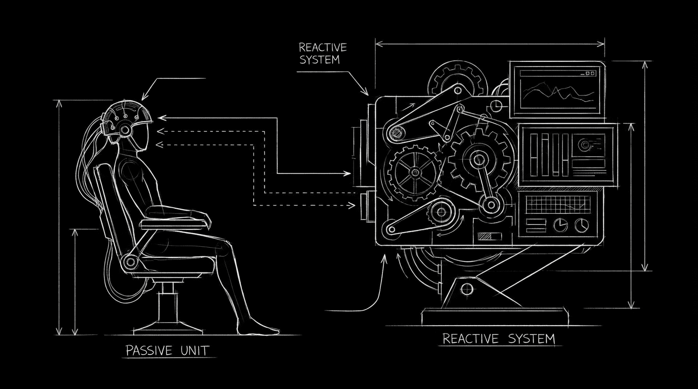 Protagonist at a fork: one path labeled “react,” one “act”; dark mode technical sketch