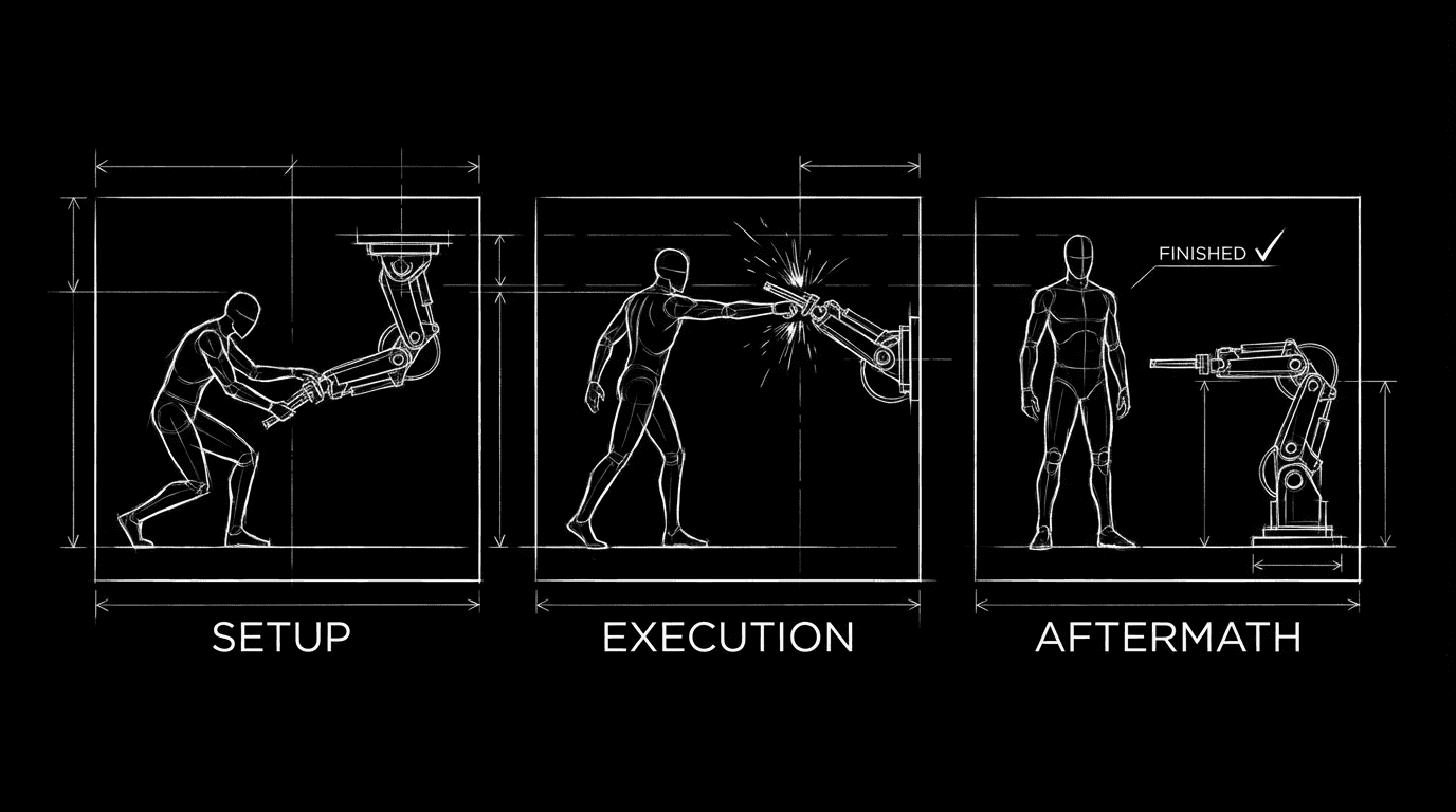 Physical comedy: setup, execution, aftermath; dark mode technical sketch