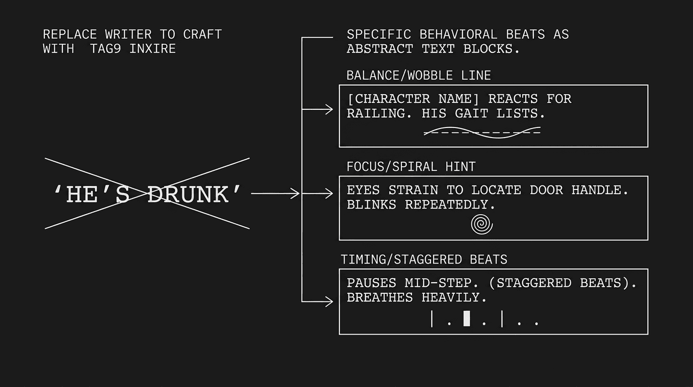 Dark mode technical sketch: script showing drunk character behavior cues; thin white lines on black