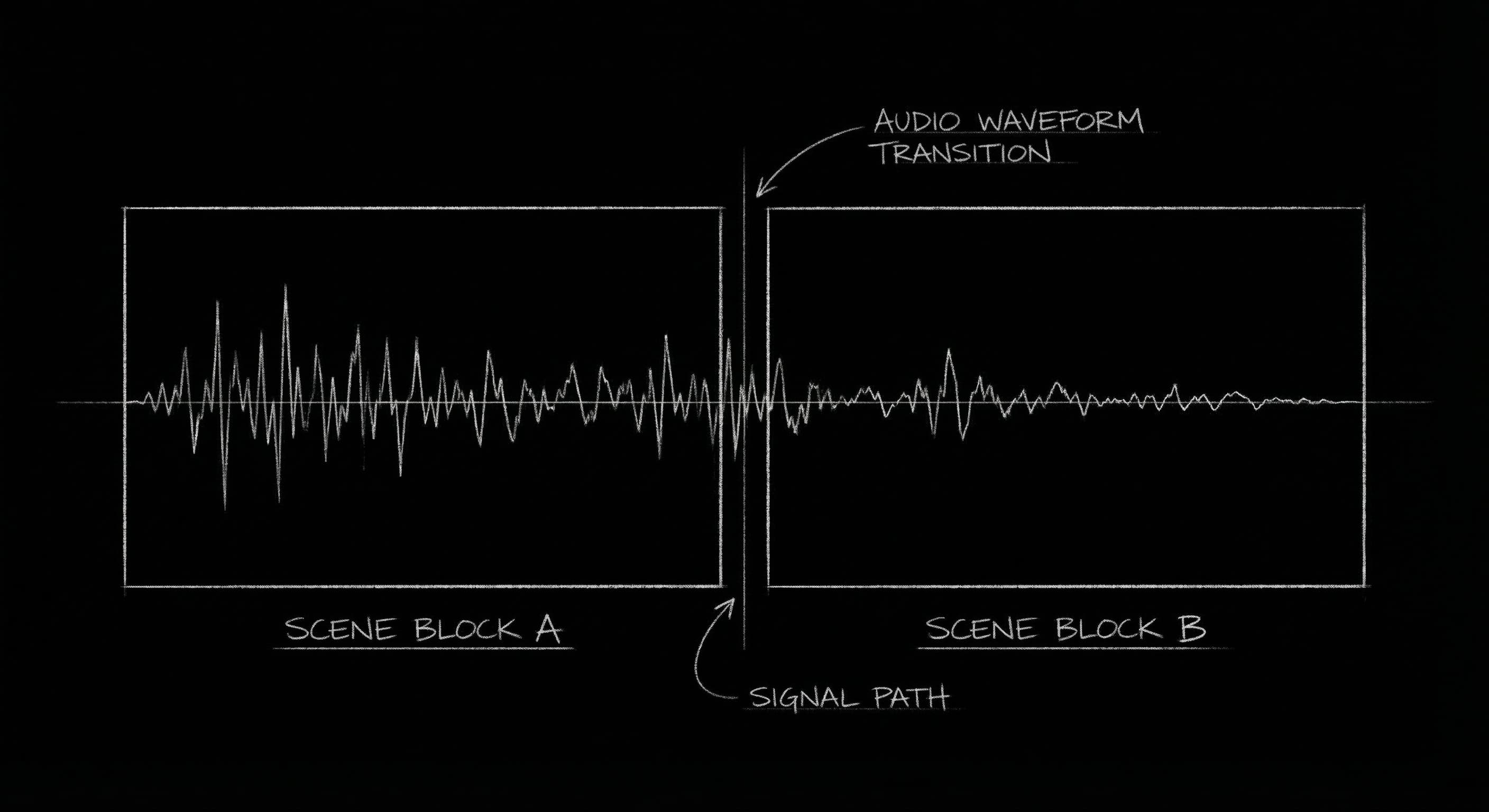 Sound timeline: Scene A, pre-lap zone, Scene B; dark mode technical sketch
