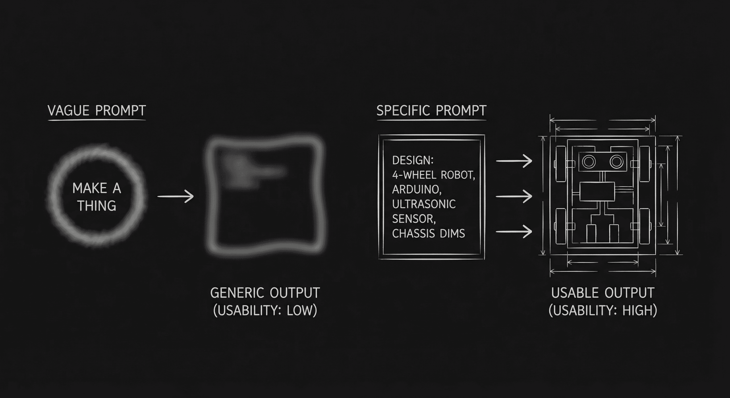 Prompt: Dark Mode Technical Sketch, vague prompt vs specific prompt with arrows to "generic" vs "usable" output; clean thin white lines on black --ar 16:9