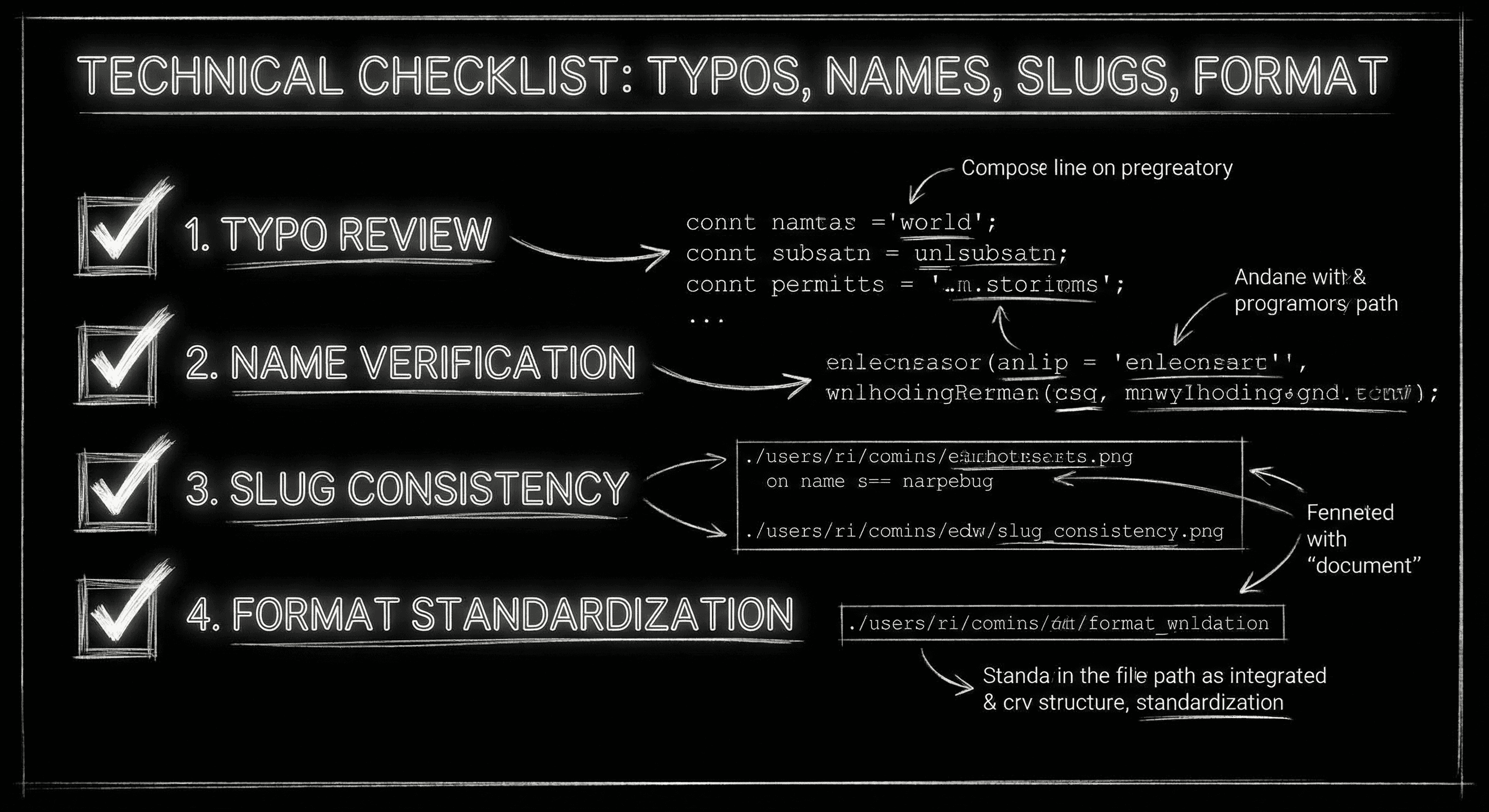 Prompt: Dark Mode Technical Sketch, checklist: typos, names, slugs, format; clean white lines on black --ar 16:9