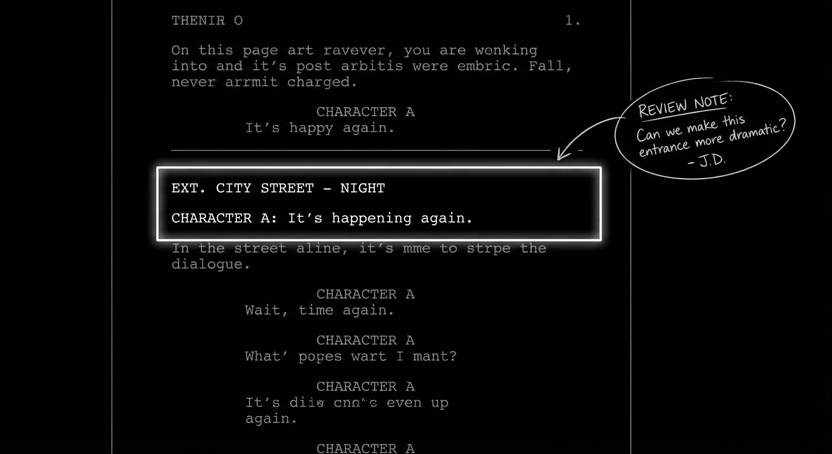 Prompt: Dark Mode Technical Sketch, script page with one line highlighted and "Review" note; clean thin white lines on black --ar 16:9