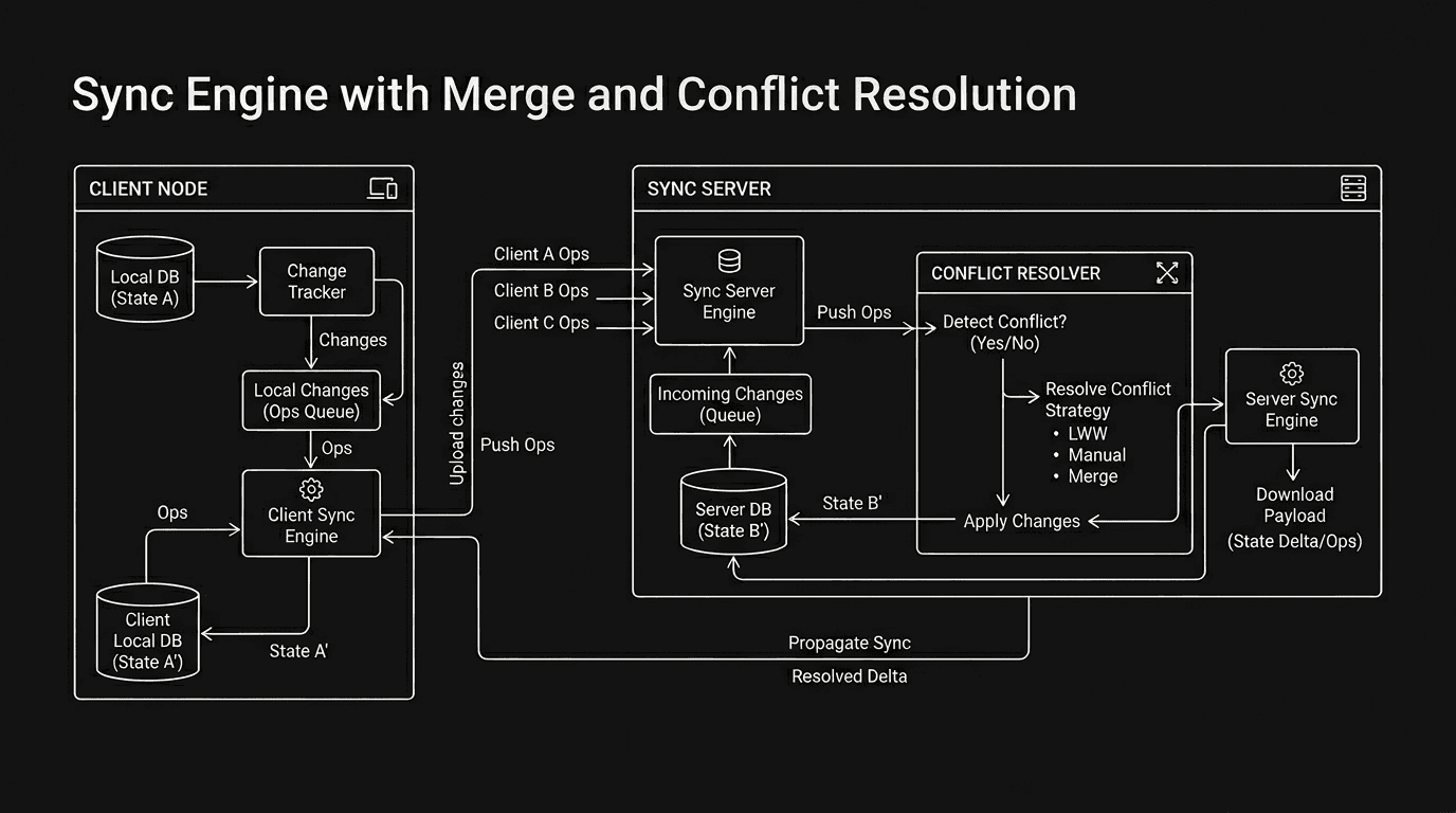 Dark mode technical sketch: sync engine; merge; conflict resolution