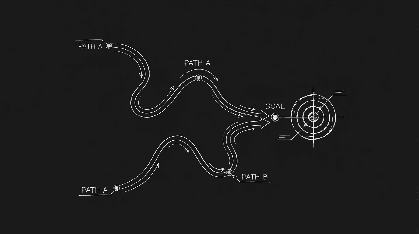 Two paths toward one goal; dark mode technical sketch