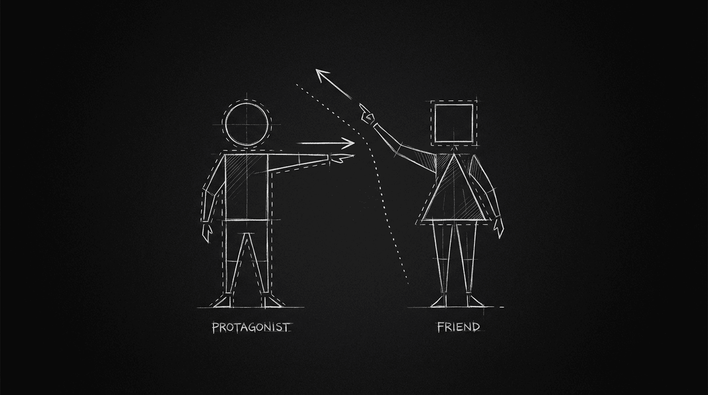 Best friend as character with own direction; dark mode technical sketch