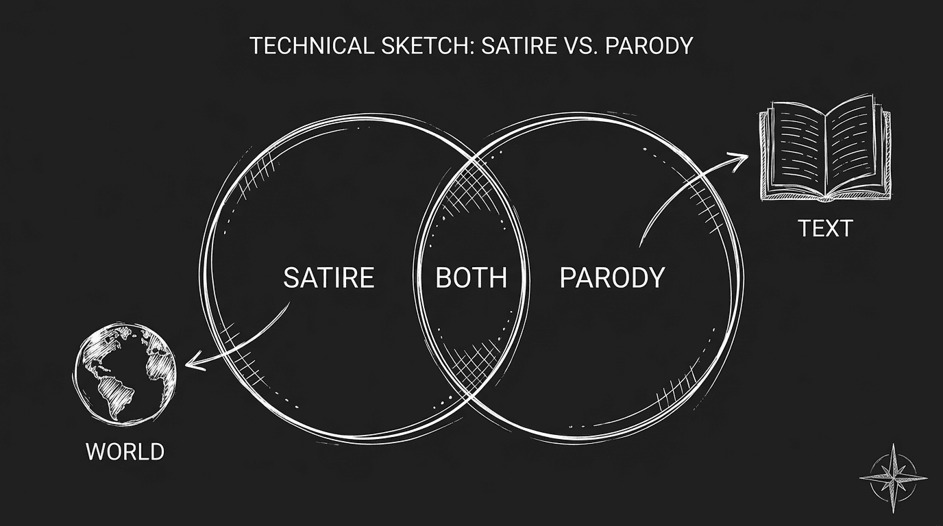Satire vs parody: two overlapping circles; dark mode technical sketch