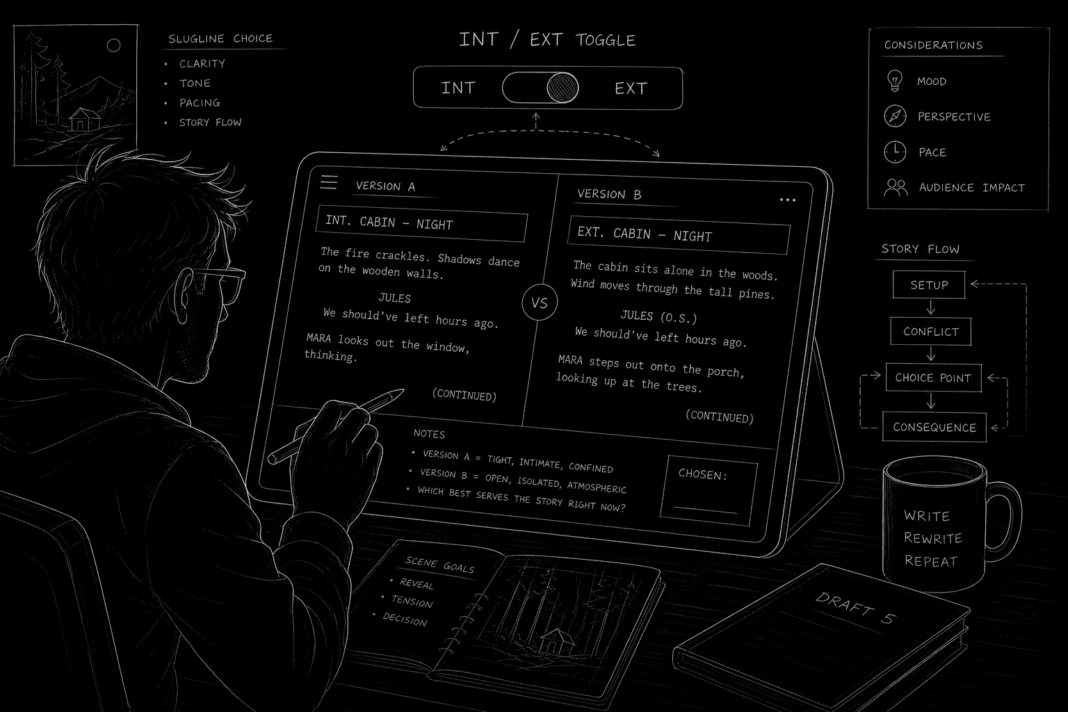 Dark mode technical sketch: writer comparing two slugline versions on tablet, INT/EXT toggle highlighted, thin white lines on black