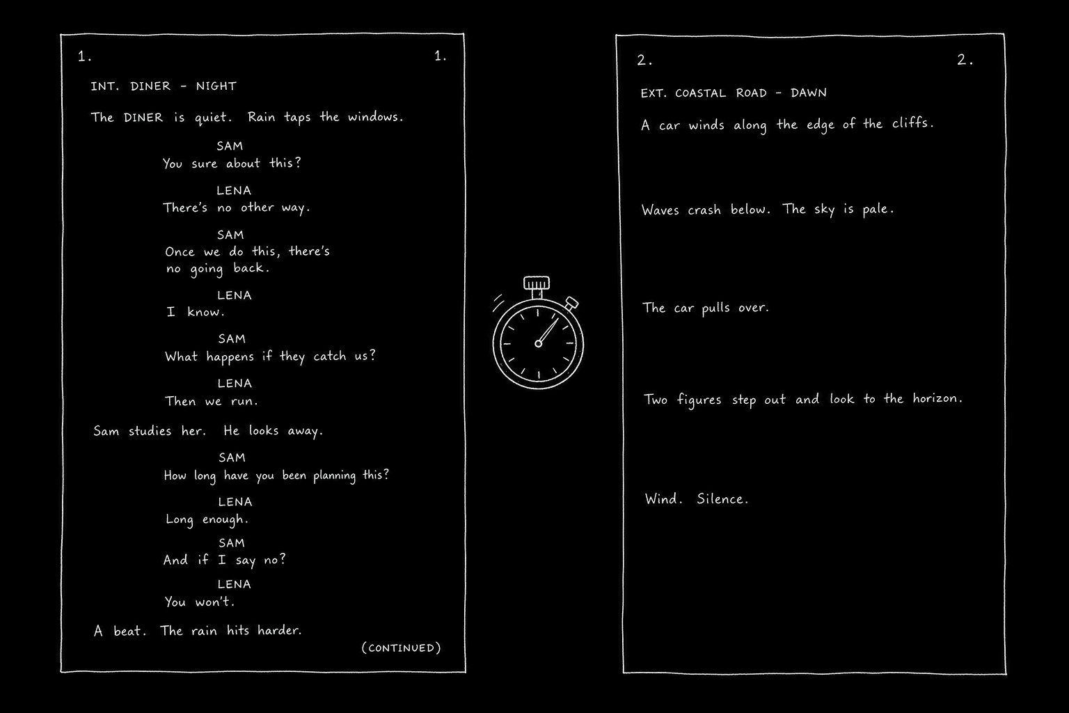 Dark mode technical sketch: two script pages side by side, one dense with dialogue blocks one sparse with action lines, stopwatch icon between them, thin white lines on black