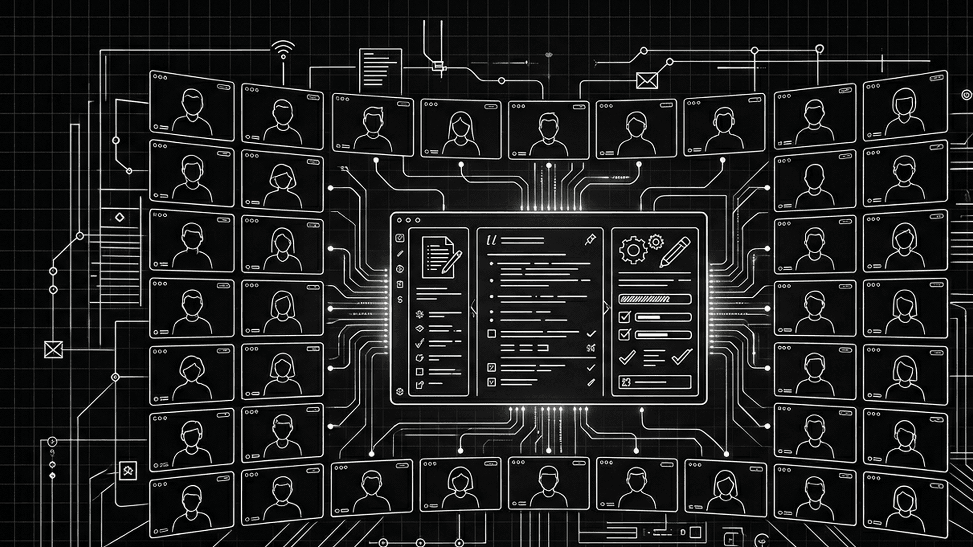 Dark mode technical sketch: tall script stack next to flat CPU meter lines