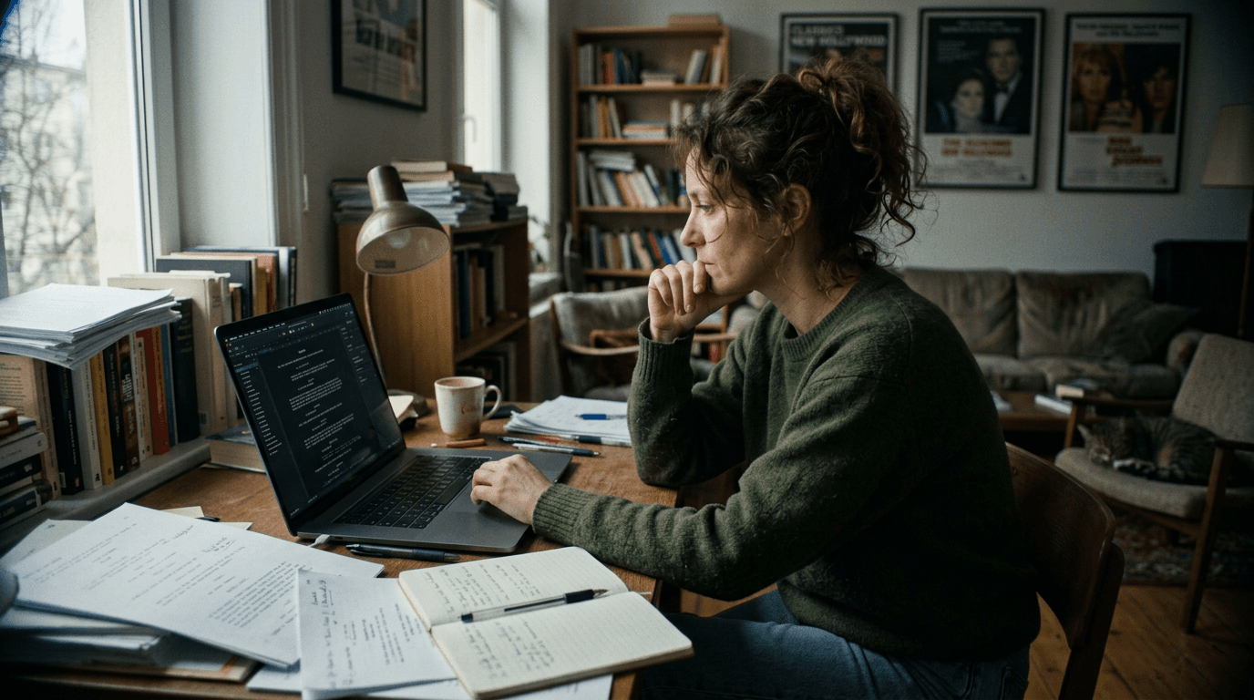 Cinematic workflow still, first angle, 35mm film grain