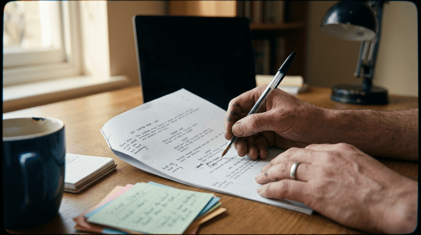 Cinematic workflow still, second angle, 35mm film grain