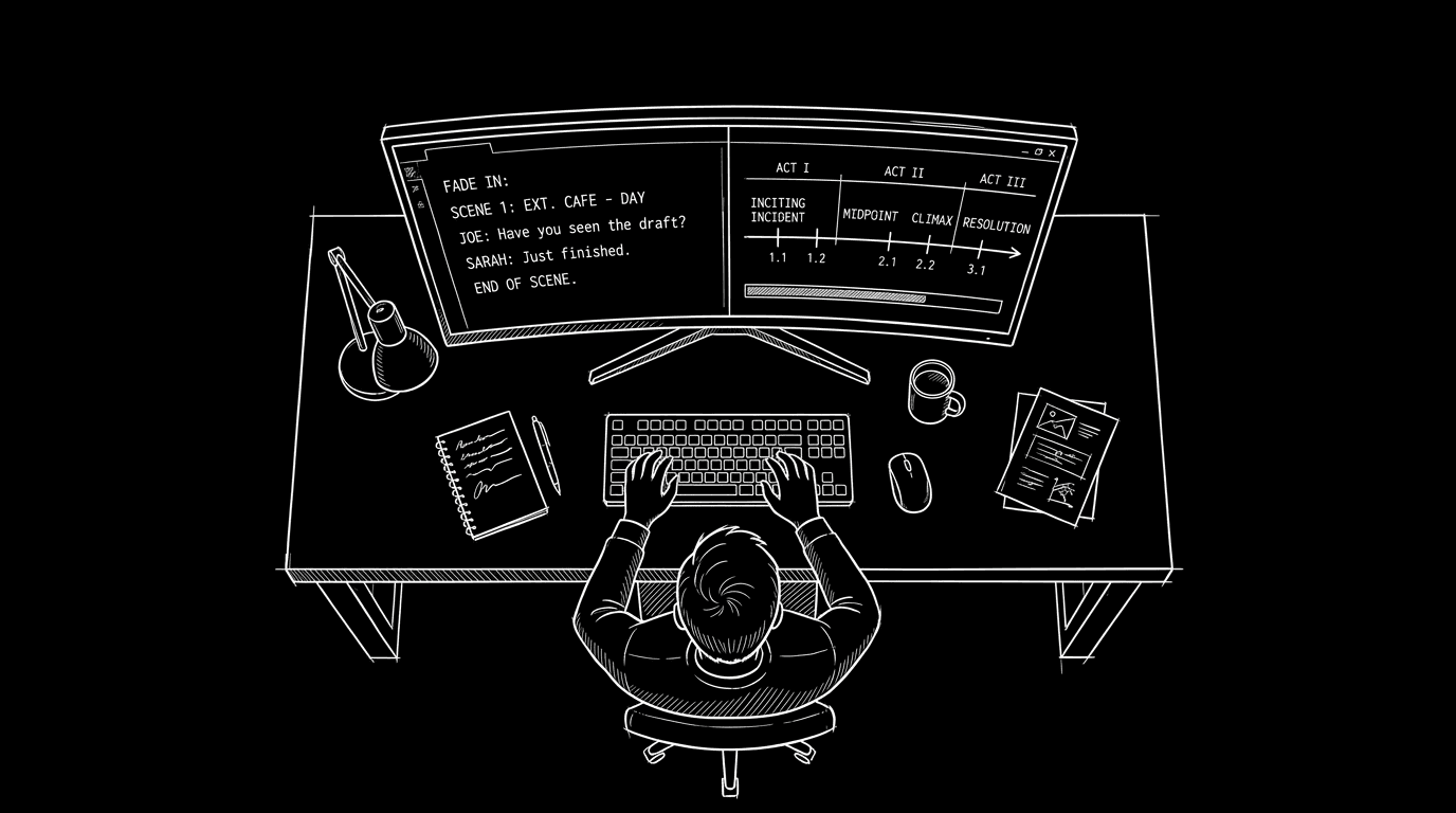 Dark mode technical sketch: screenwriter at desk facing an ultrawide monitor with a script on one side and a visual timeline on the other; thin white lines on black