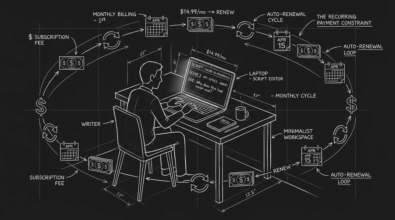 Dark mode technical sketch: writer at desk with recurring payment icons as a constraint; thin white lines on black