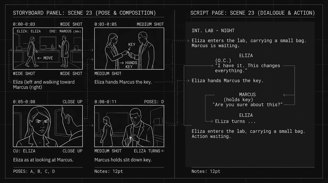 A storyboard panel next to corresponding script text; dark mode technical sketch, thin white lines on black background