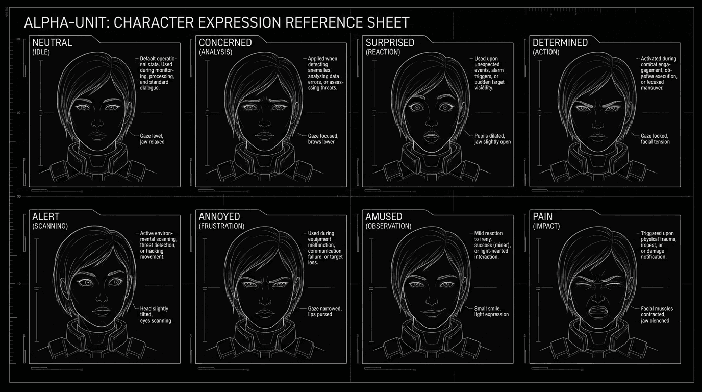 A character expression reference sheet alongside script notes; dark mode technical sketch, thin white lines on black background
