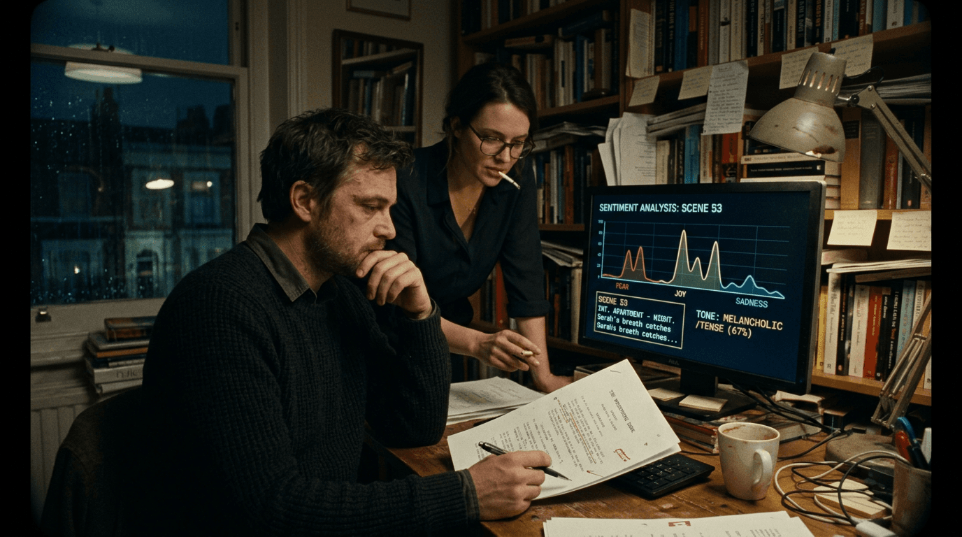 Cinematic workflow still, first angle, 35mm film grain