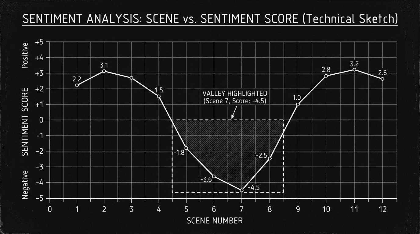 Prompt: Dark Mode Technical Sketch, simple line graph: scene number vs sentiment, with one valley highlighted, clean white lines on black --ar 16:9
