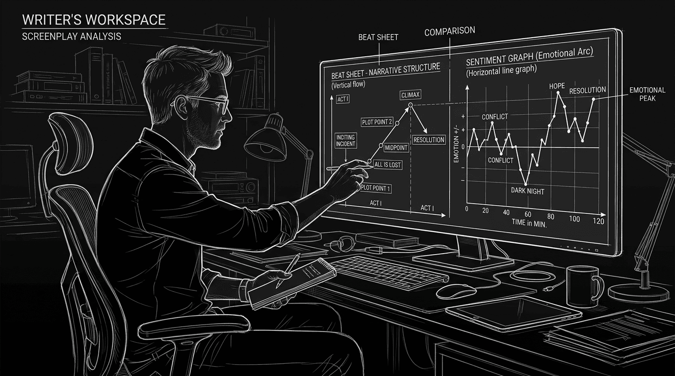 Prompt: Dark Mode Technical Sketch, writer comparing beat sheet to sentiment graph on screen, thin white lines on black --ar 16:9