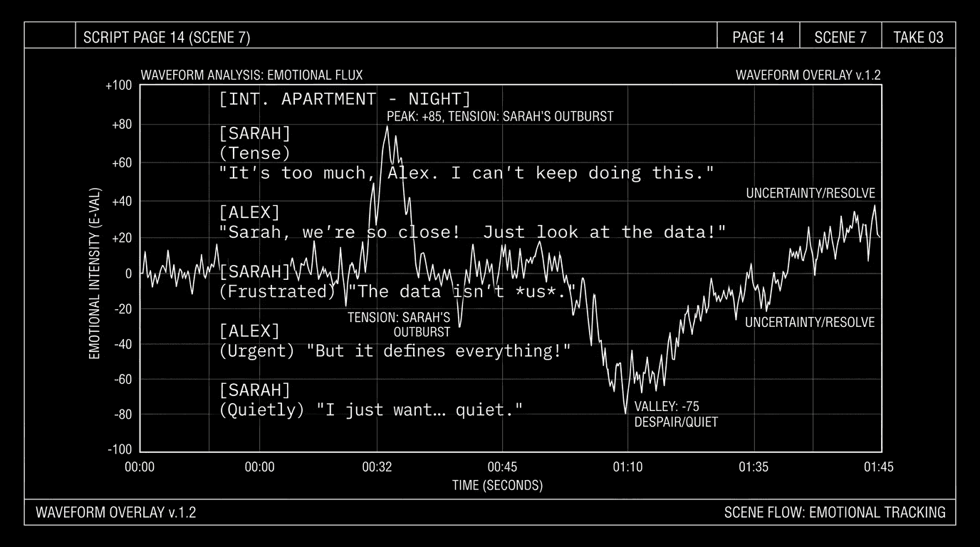 Dark mode technical sketch: script page with emotional waveform overlay; thin white lines on black