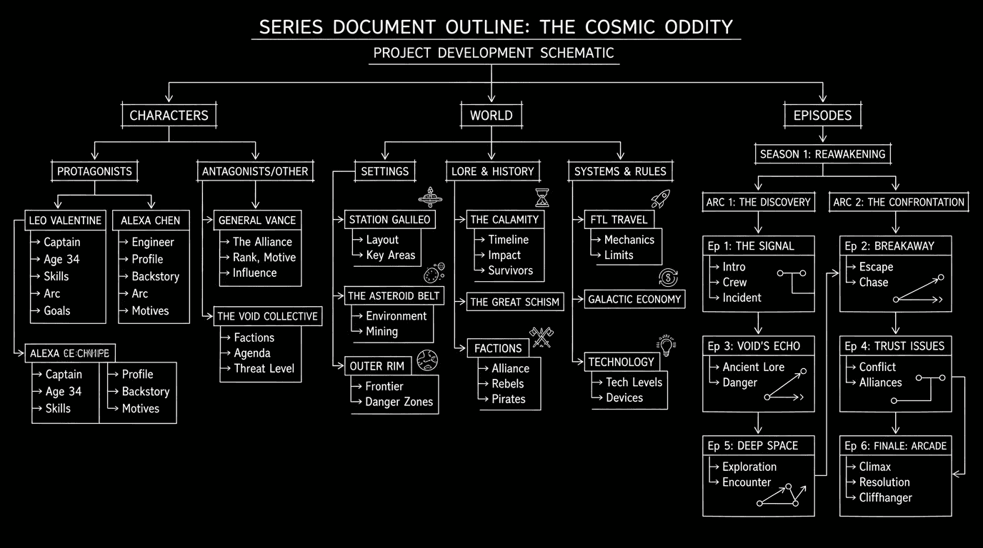Dark mode technical sketch: document outline with characters, world, episodes; thin white lines on black