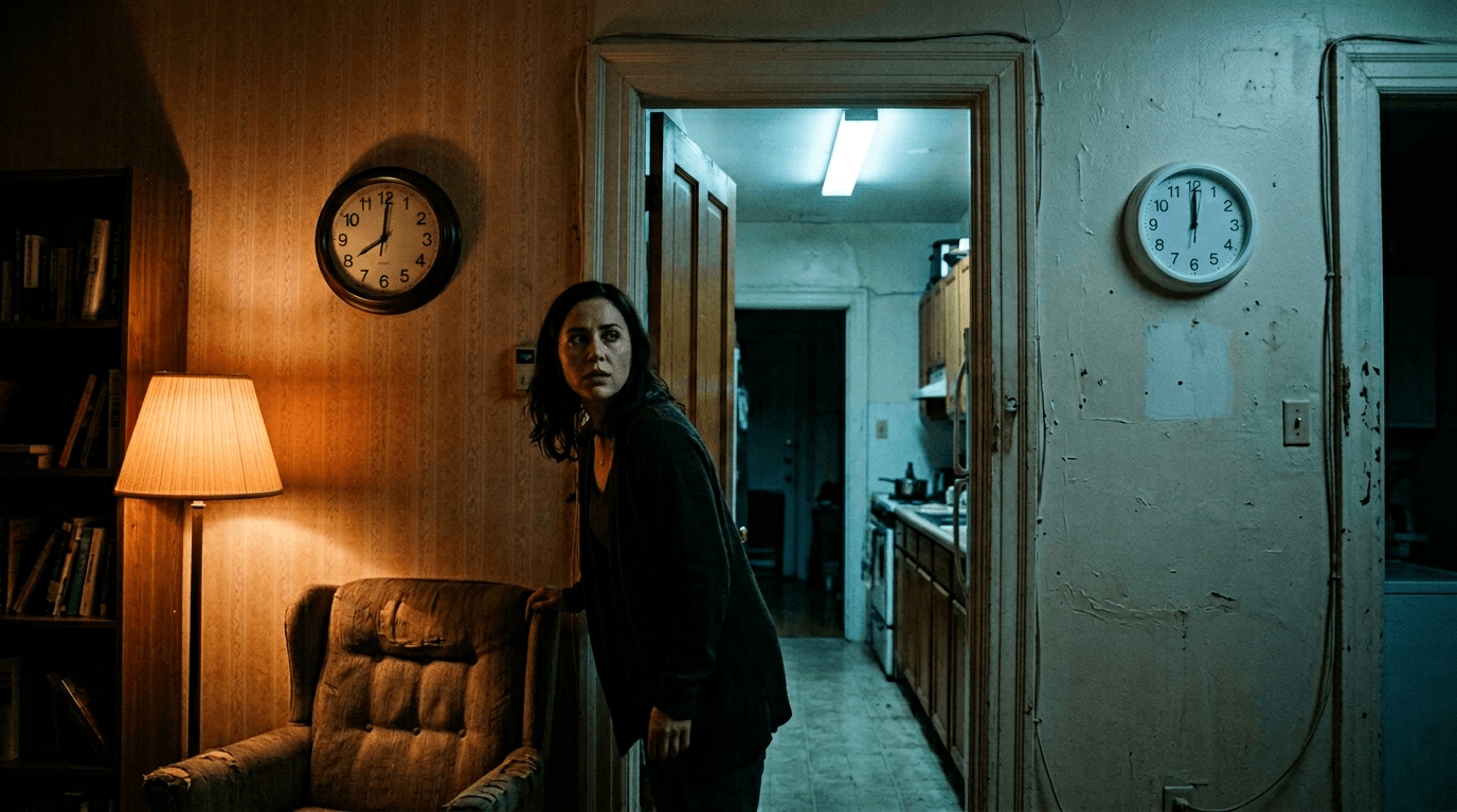 Two clocks, mismatched rooms; cinematic film still