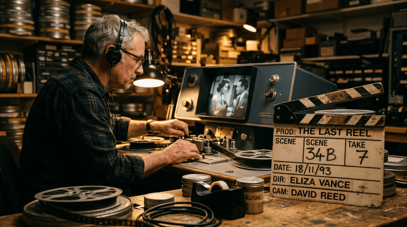 Clapperboard and edit bay mood; cinematic film still