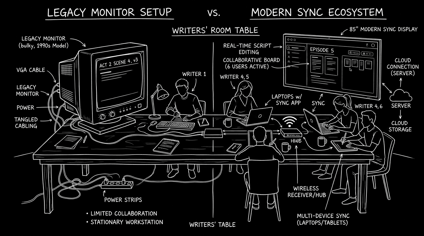 Dark mode technical sketch: writers' room table; legacy monitor vs modern sync; thin white lines on black