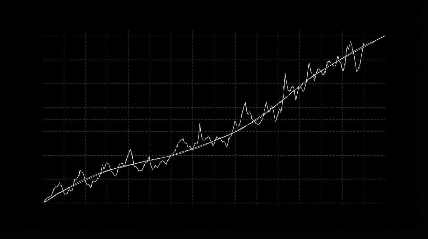 Slow burn tension curve: long rise with small spikes; dark mode technical sketch