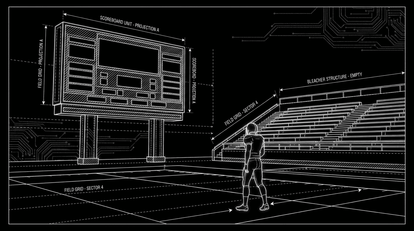Lone athlete on a dimly lit field facing an enormous scoreboard and empty stands in thin white lines on black