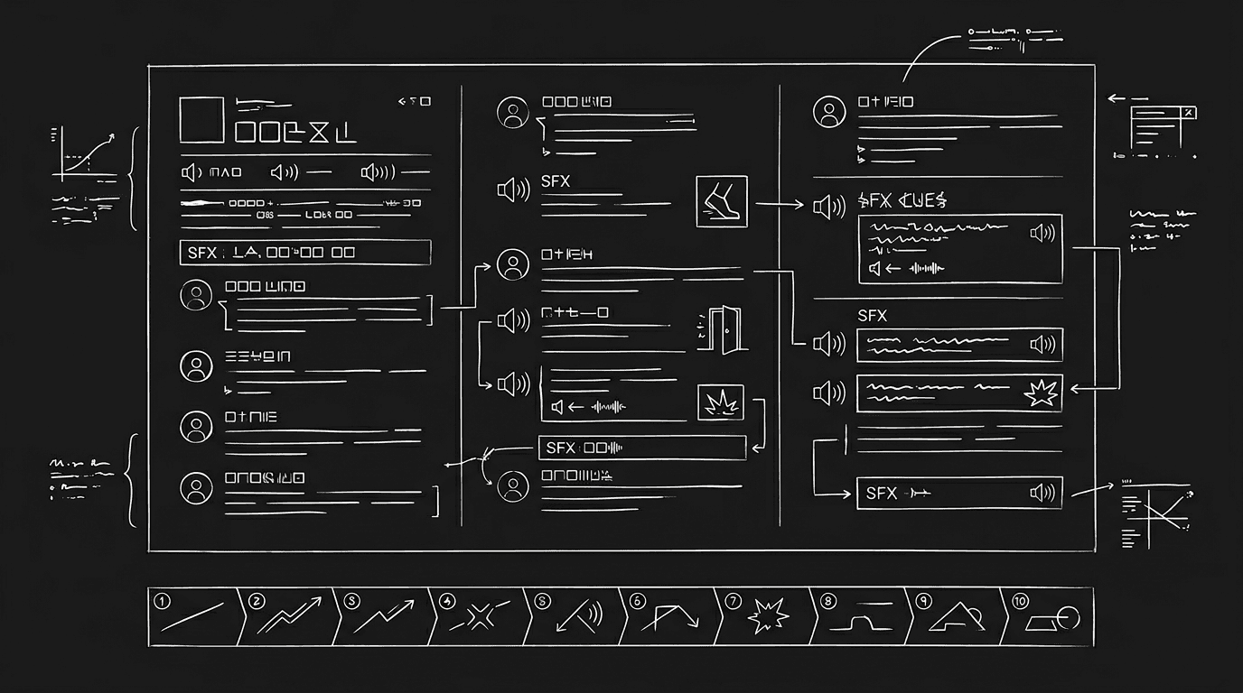 Audio drama script with sound cues and episode breakdown; dark mode technical sketch, black background, thin white lines