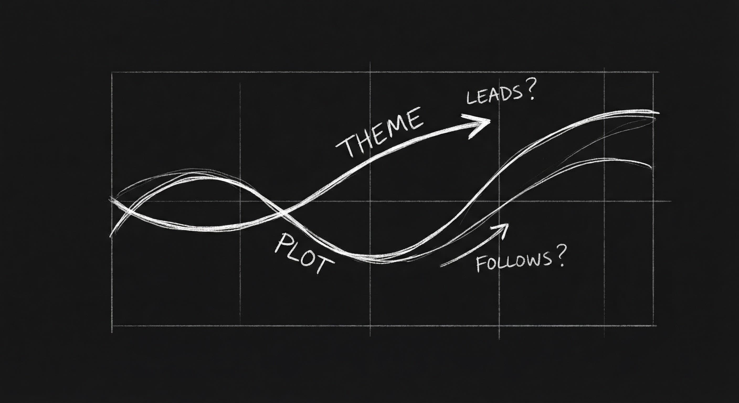 Theme and plot: two strands, which leads; dark mode technical sketch