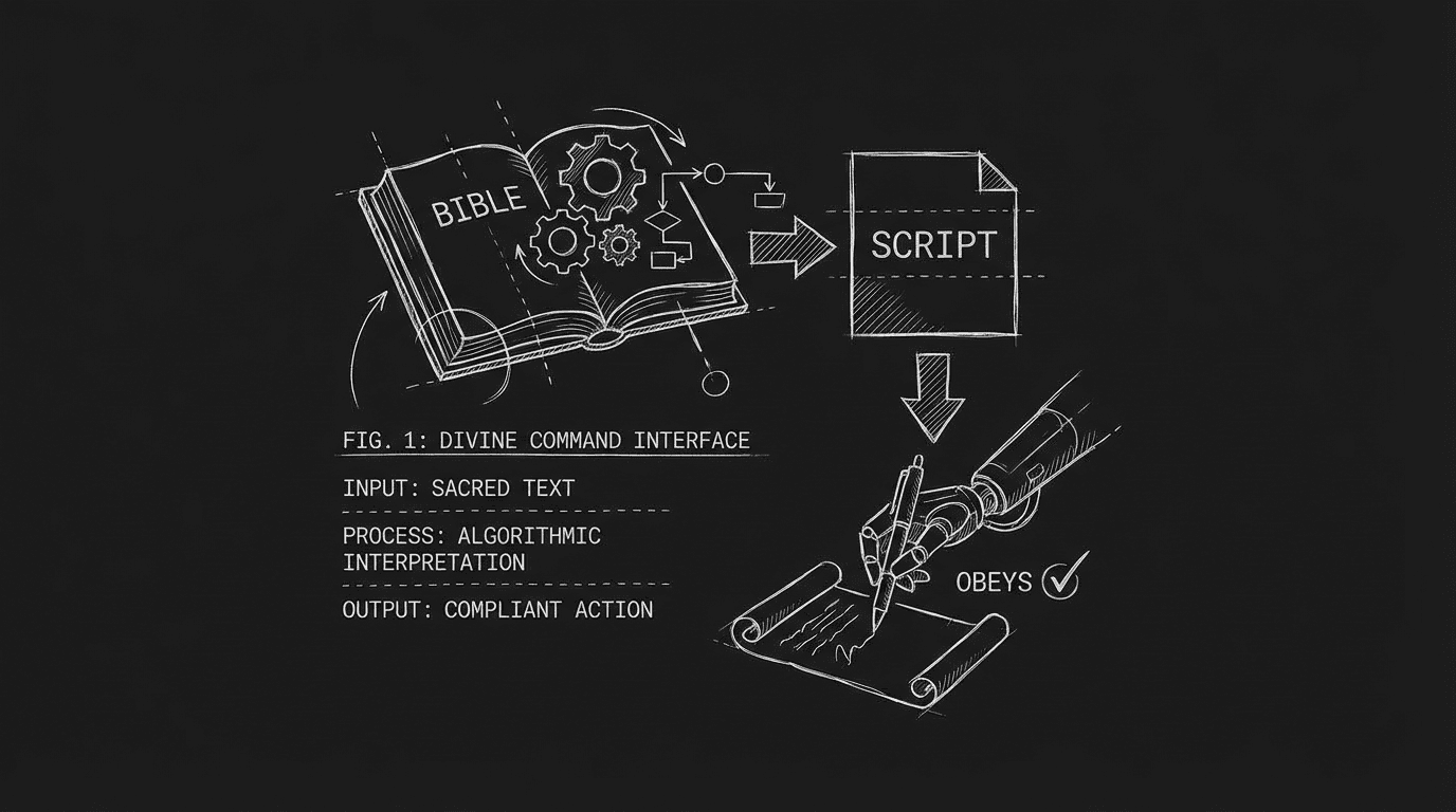 Rules in bible; script obeys; dark mode technical sketch