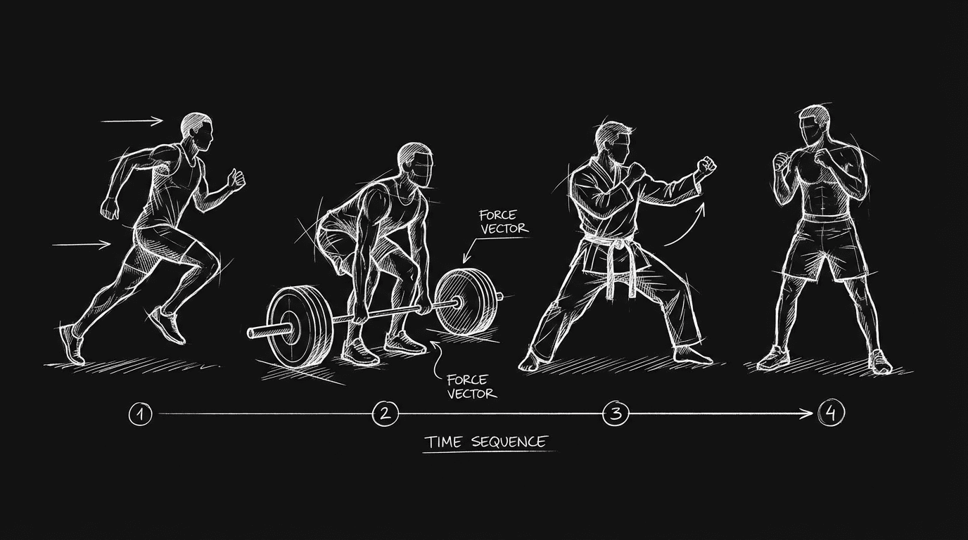 Dark mode technical sketch: single athlete in four training poses connected by a timeline, thin white lines on black
