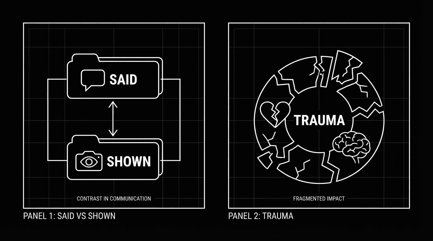 Two panels: "said" (dialogue explaining past) vs "shown" (action/avoidance); dark mode technical sketch