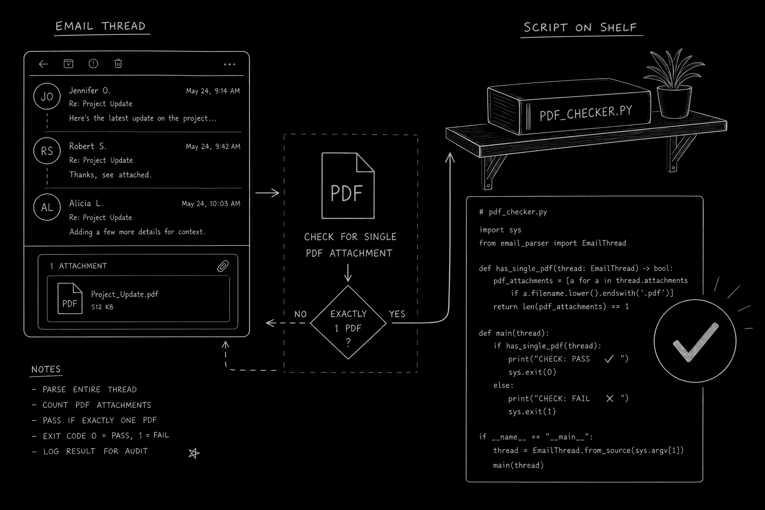 Dark mode technical sketch: email thread mockup with single PDF attachment highlighted and checkmark, script stack waiting on shelf, thin white lines on black