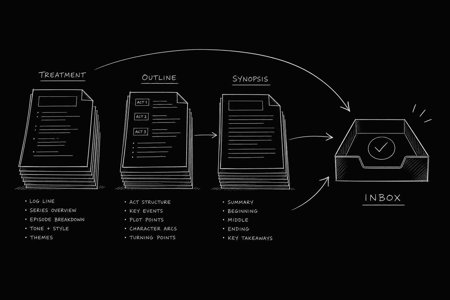 Dark mode technical sketch: three document stacks labeled treatment outline synopsis with arrows to inbox icon, thin white lines on solid black
