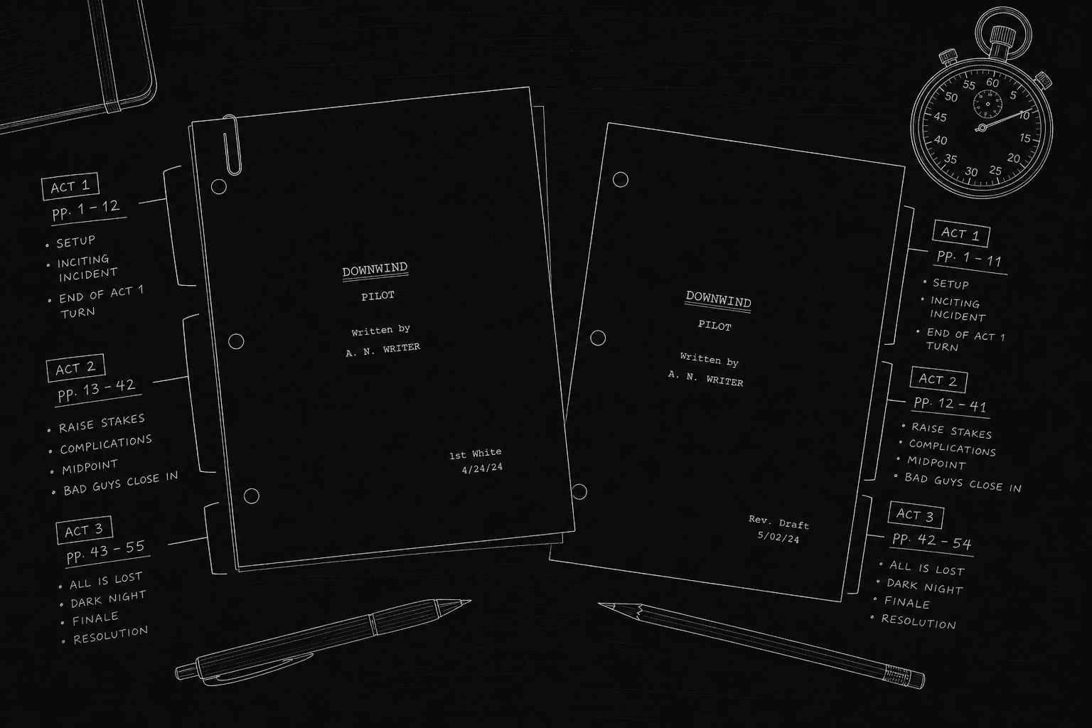 Dark mode technical sketch: writer at desk with two pilot printouts and handwritten act page ranges in margins, thin white lines on black