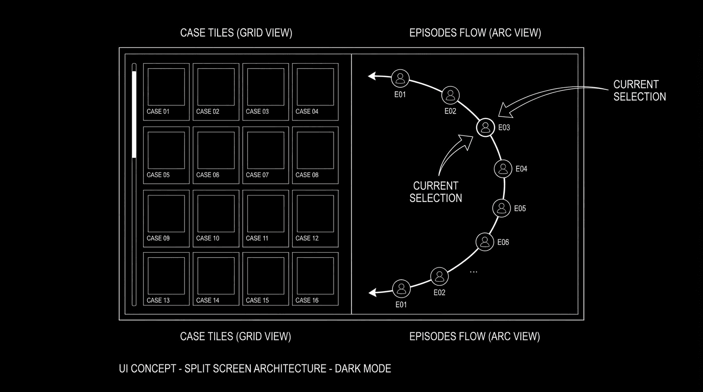 Split-screen TV in dark mode: one side a grid of case tiles, the other a flowing overlapping episode arc