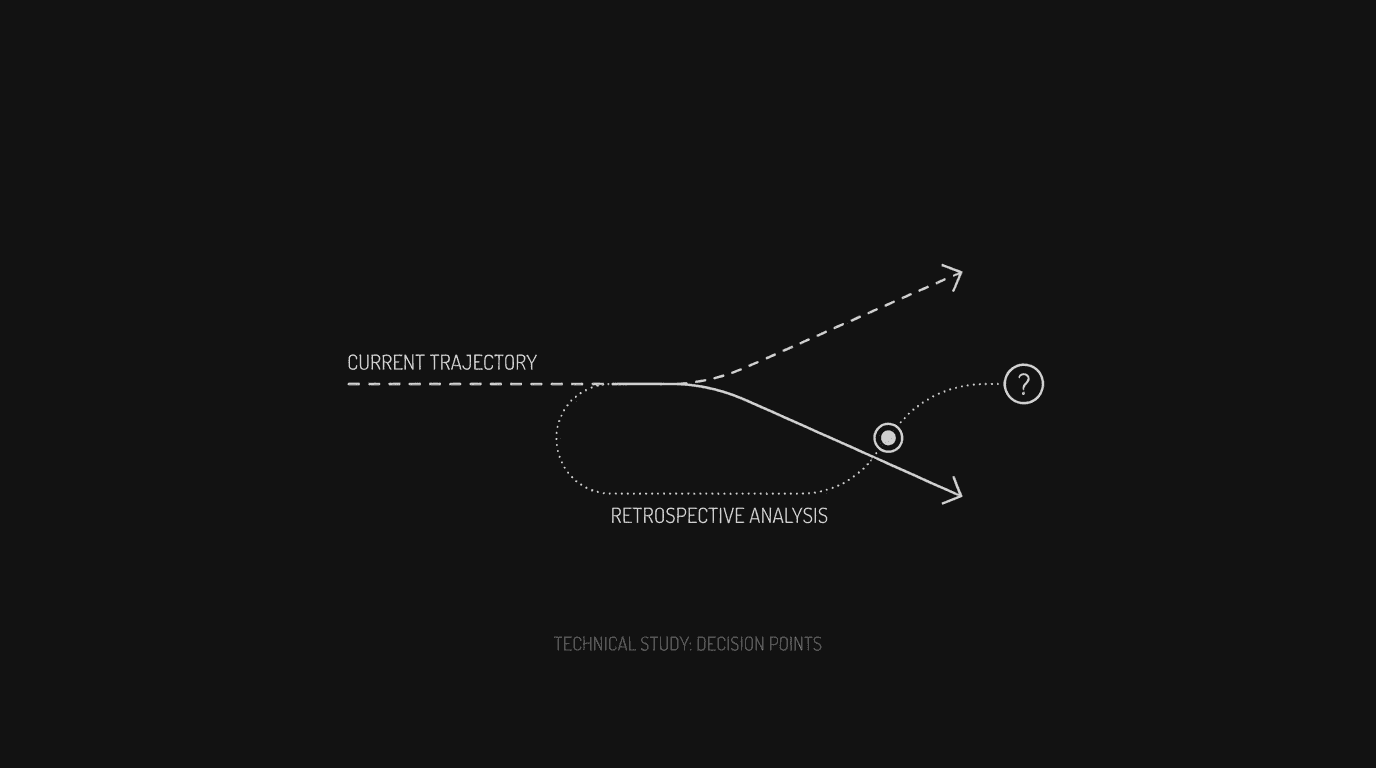 Path that splits; second path in retrospect; dark mode technical sketch